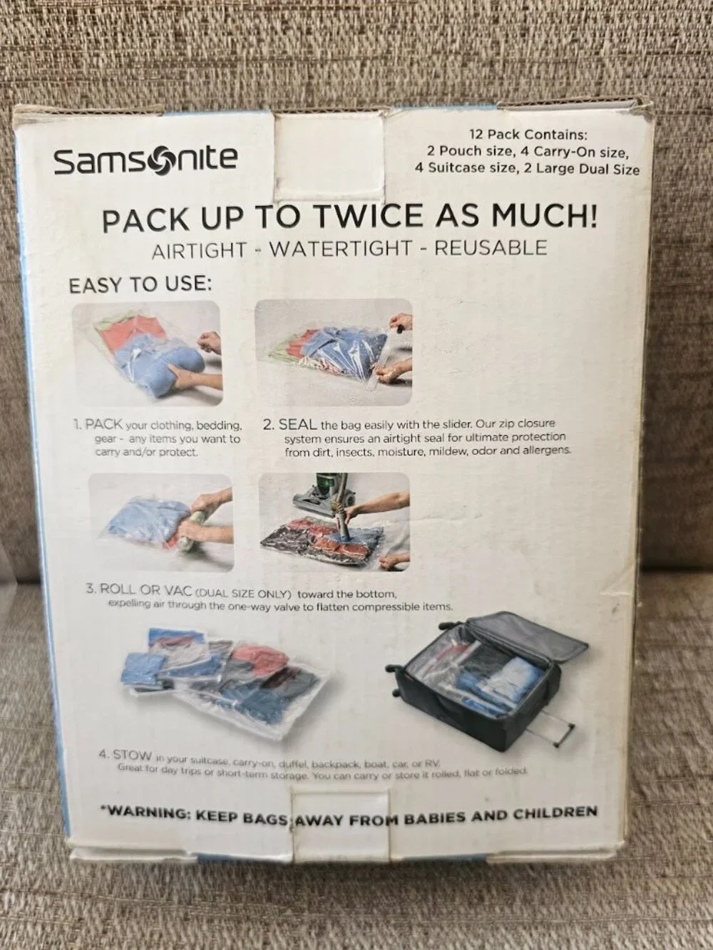 Samsonite 12pc Compression Bags Vac or Roll Travel Luggage Space Saver